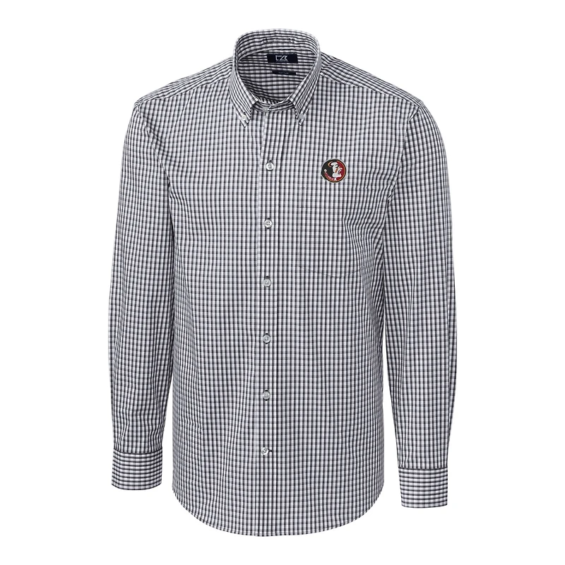 Chemise à manches longues boutonnée Cutter & Buck Charcoal Florida State Seminoles pour homme, grande taille, extensible, carreaux vichy, facile d'entretien.