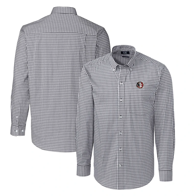 Chemise à manches longues boutonnée Cutter & Buck Charcoal Florida State Seminoles pour homme, grande taille, extensible, carreaux vichy, facile d'entretien.