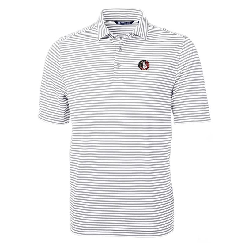 Polo recyclé à rayures écologiques Virtue Eco Pique pour homme, gris Cutter & Buck, avec logo de l'équipe Florida State Seminoles, grandes tailles
