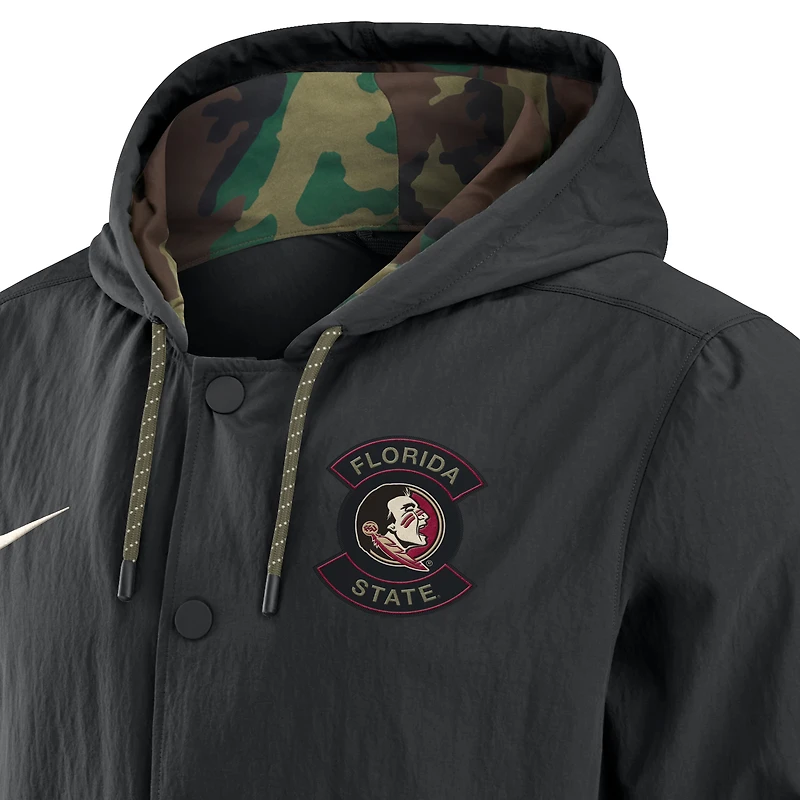 Veste Nike noire à boutons-pression pour homme Florida State Seminoles 2025 NCAA Military Appreciation