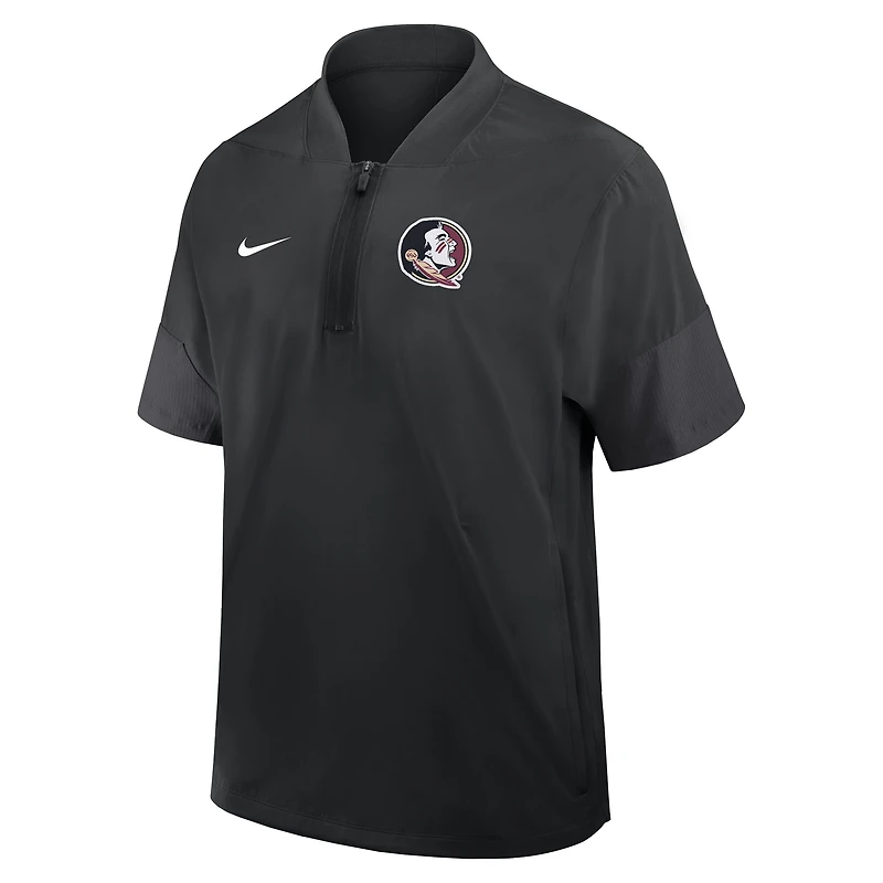 Veste d'entraîneur Nike noire pour homme, Florida State Seminoles 2025 Sideline, manches courtes, fermeture éclair au quart, technologie Dri-FIT