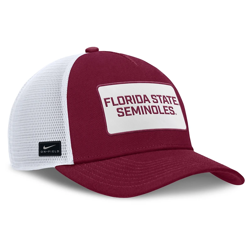 Casquette ajustable Nike pour homme, couleur grenat/blanc, Florida State Seminoles 2025 On-Field Rise Patch Trucker