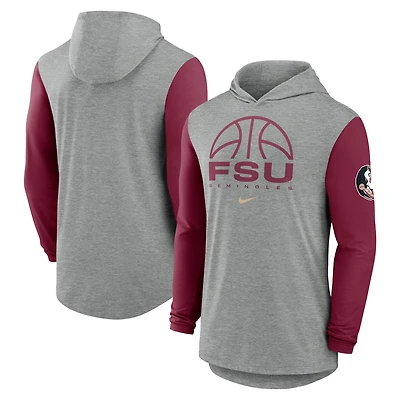 Men's Nike Gray/Garnet Florida State Seminoles Basketball Color-Block Tri-Blend Dri-FIT Long Sleeve Hoodie T-Shirt