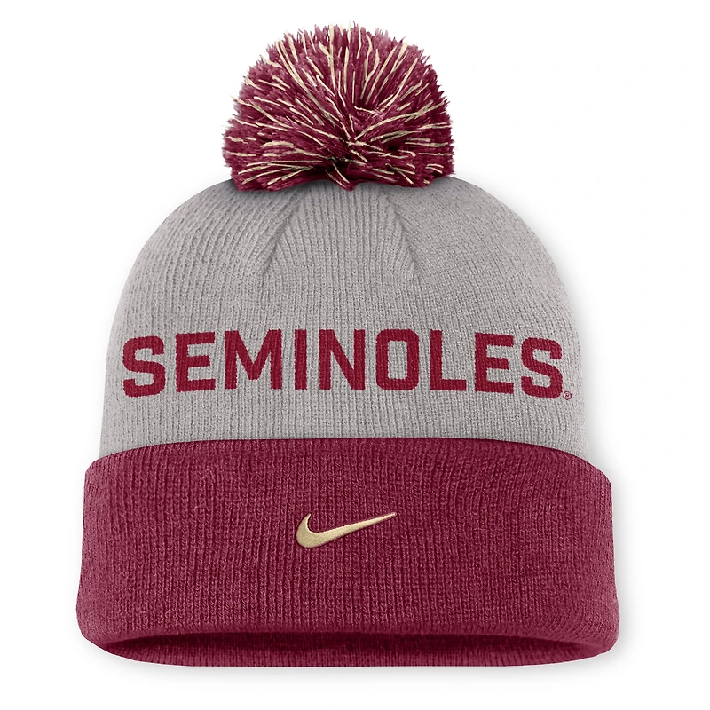 Bonnet à revers Nike gris/grenat Florida State Seminoles Primetime Peak avec pompon pour homme
