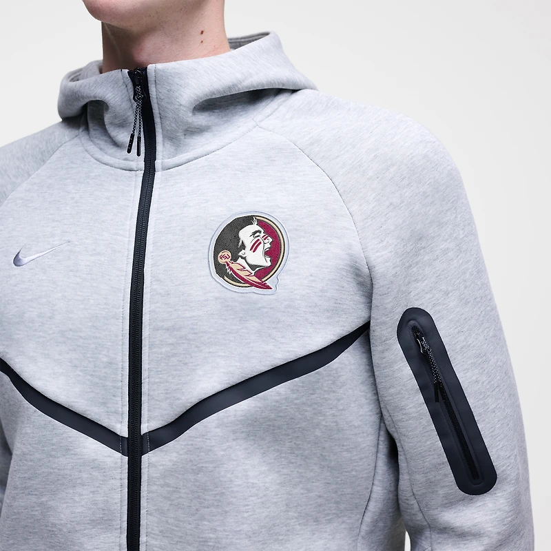 Sweat à capuche zippé Nike Tech Fleece Florida State Seminoles gris chiné pour homme