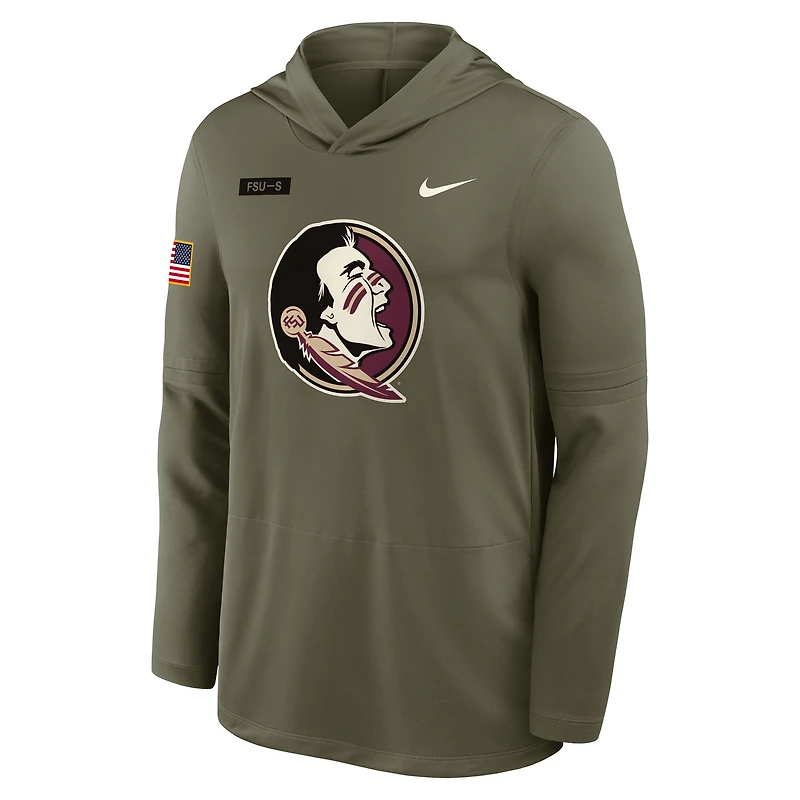 Men's Nike Olive Florida State Seminoles 2025 Military Appreciation Dri-FIT Long Sleeve Hoodie T-Shirt