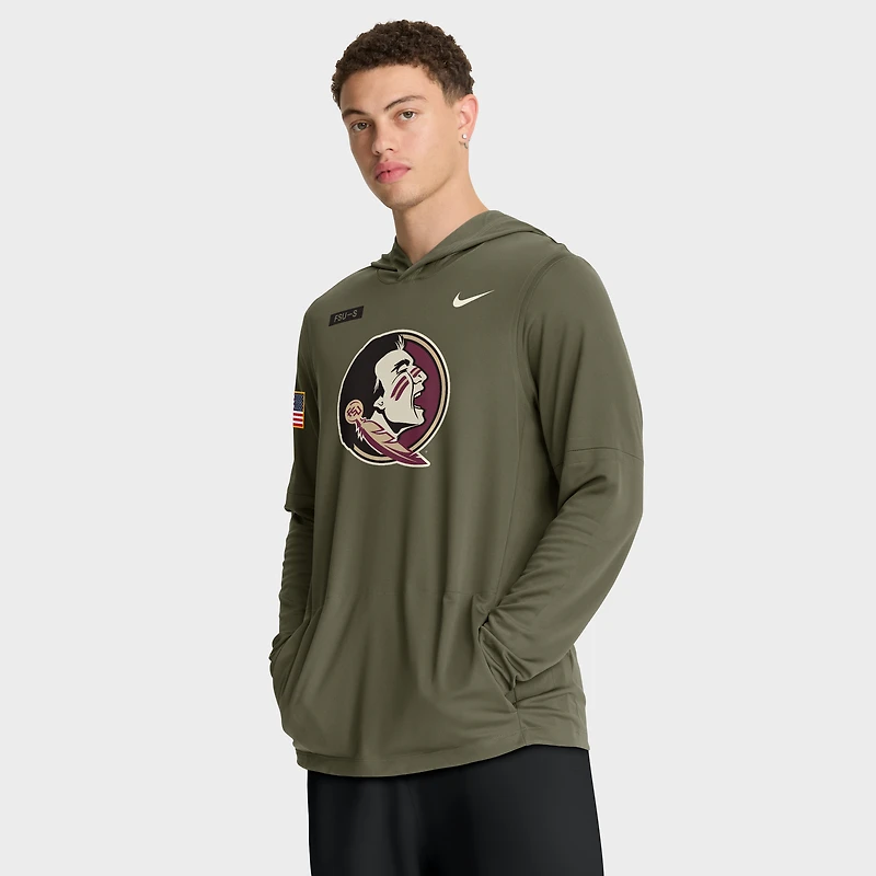 T-shirt à capuche manches longues Nike Olive Florida State Seminoles 2025 Military Appreciation Dri-FIT pour homme
