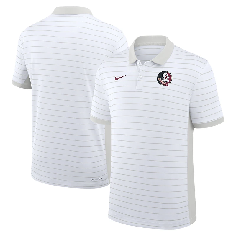 Polo Nike blanc Dri-FIT à rayures Victory pour entraîneurs de début saison 2025 des Seminoles l'État Floride homme