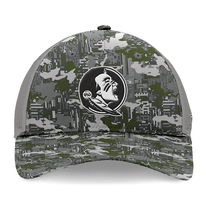 Men's Top of the World Gray Florida State Seminoles OHT Military Appreciation Pledge Trucker Camo Adjustable Hat