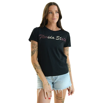 T-shirt noir pour femme avec inscription en perles cousues à la main Florida State Seminoles