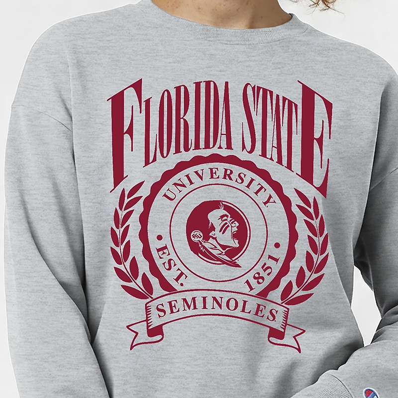 Women's Champion Heather Gray Florida State Seminoles Academic Crest Powerblend Crewneck Sweatshirt