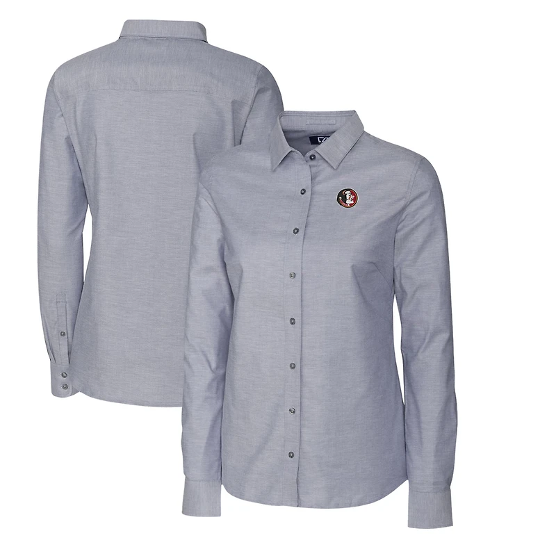 Chemise boutonnée à manches longues en tissu Oxford extensible pour femme Cutter & Buck, couleur anthracite, des Florida State Seminoles