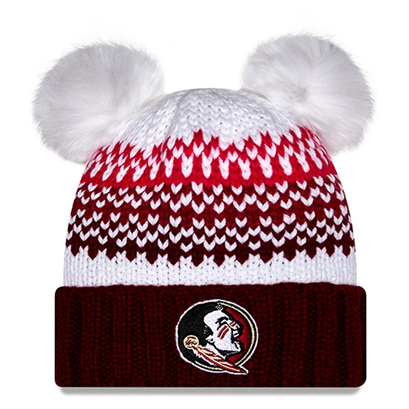 Bonnet en tricot à revers à double pompon et imprimé New Era Garnet Florida State Seminoles pour femme