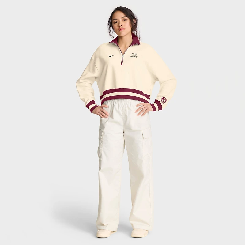 Sweat-shirt court à demi-zip oversize Nike crème Florida State Seminoles pour femme