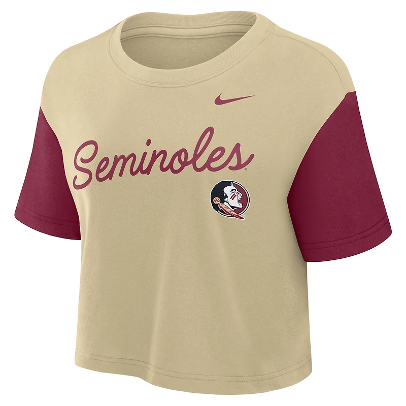 T-shirt court Nike Dri-FIT à blocs de couleurs pour femme, couleur or/grenat, des Seminoles l'État Floride
