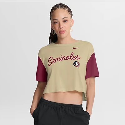 Women's Nike Gold/Garnet Florida State Seminoles Color-Block Script Dri-FIT Cropped T-Shirt