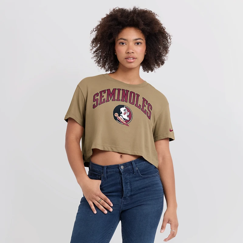 Women's Nike Tan Florida State Seminoles Athletic Prep Arch Dri-FIT Cropped T-Shirt