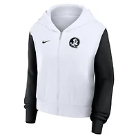 Sweat à capuche Nike blanc fermeture éclair complète pour femme Florida State Seminoles, coupe courte, blocs de couleurs et inscription