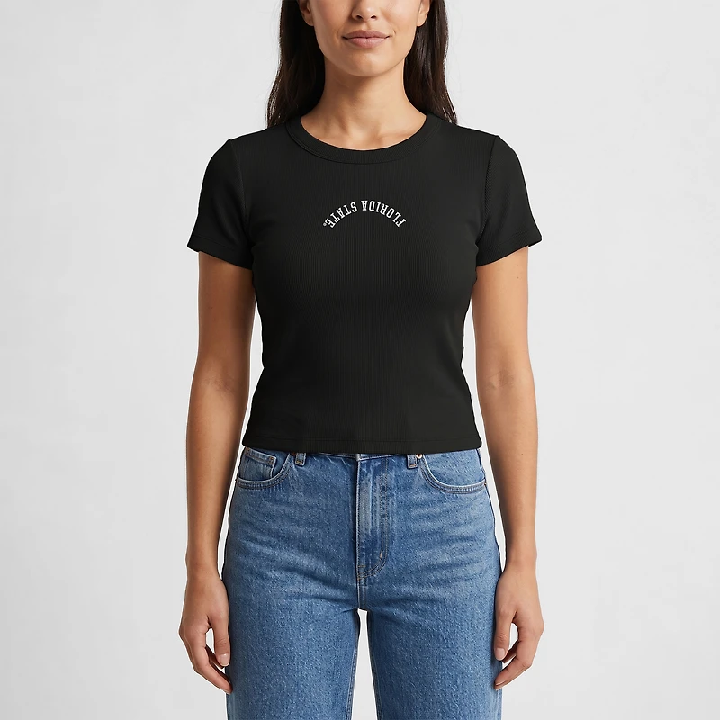 T-shirt court côtelé noir Uscape Apparel pour femme, avec broderie inversée des Florida State Seminoles