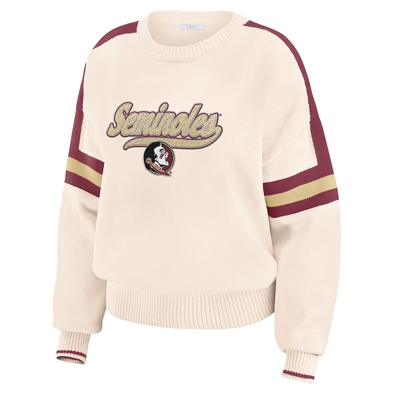 Women's WEAR by Erin Andrews  Cream Florida State Seminoles Chenille Woven Patch Stripe Pullover Sweater