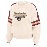 Women's WEAR by Erin Andrews  Cream Florida State Seminoles Chenille Woven Patch Stripe Pullover Sweater