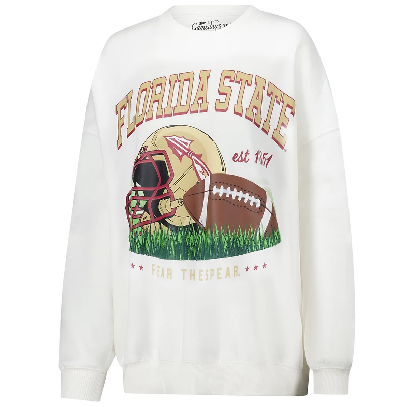 Women's White Florida State Seminoles Oversized Malone Multimedia Football Pullover Sweatshirt