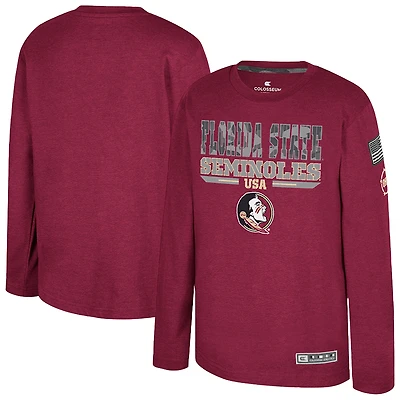 T-shirt à manches longues Oorah d'appréciation militaire OHT des Seminoles de l'État Floride Heather Garnet pour le Youth Colosseum