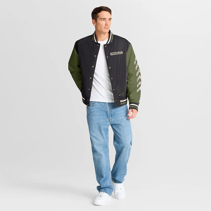 Men's Formula 1 Black/Olive Sateen Full-Snap Bomber Jacket