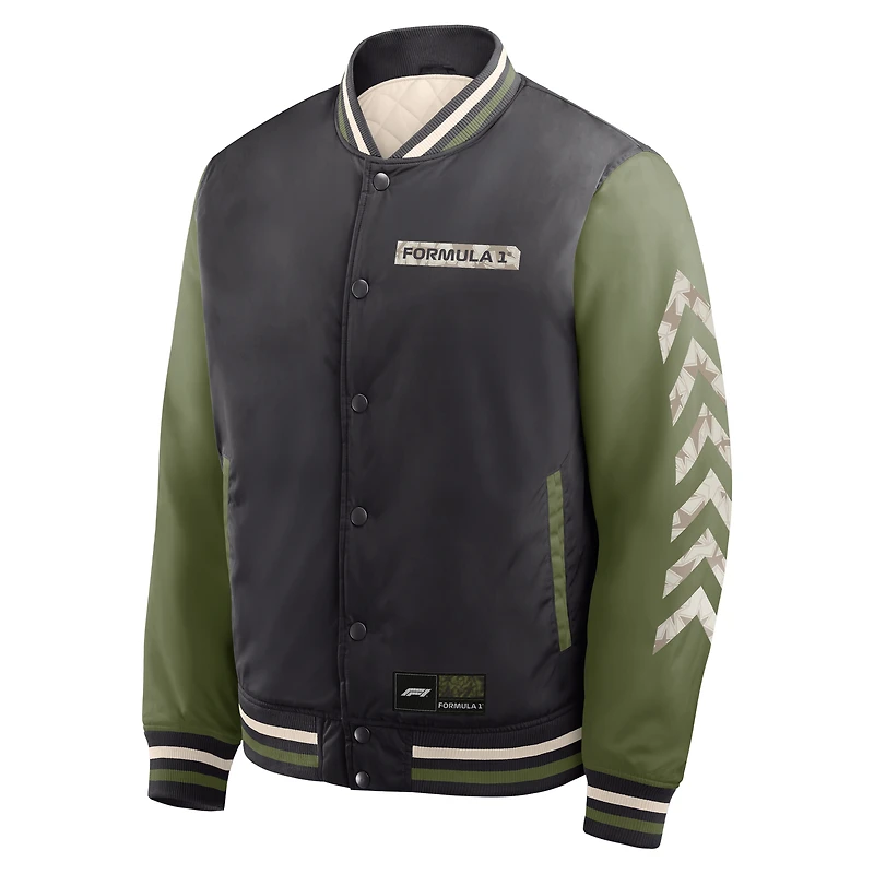 Men's Formula 1 Black/Olive Sateen Full-Snap Bomber Jacket