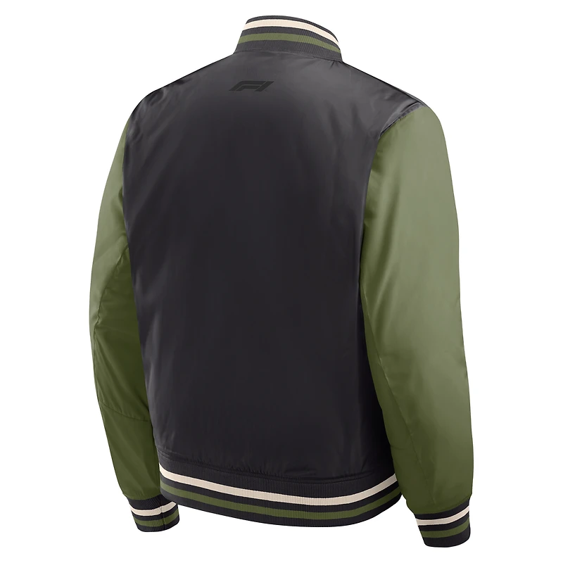 Men's Formula 1 Black/Olive Sateen Full-Snap Bomber Jacket