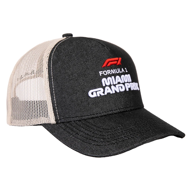 Casquette trucker unisexe noire et crème Grand Prix de Miami 2026 en denim à fermeture snapback