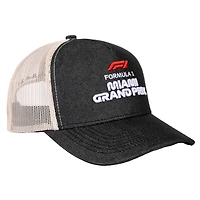 Casquette trucker unisexe noire et crème Grand Prix de Miami 2026 en denim à fermeture snapback