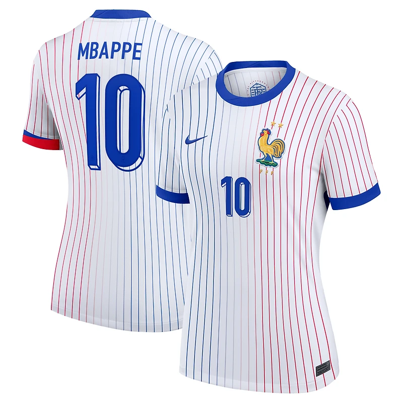 Maillot Nike Kylian Mbappe pour femme, réplique blanche de l'équipe nationale France 2024 extérieur
