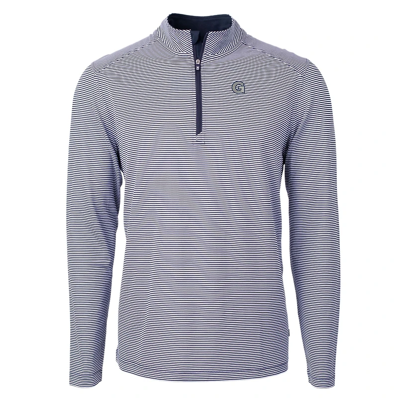Men's Cutter & Buck  Navy/White Georgetown Hoyas Big Tall Virtue Eco Pique Micro Stripe Recycled Quarter-Zip Pullover Top