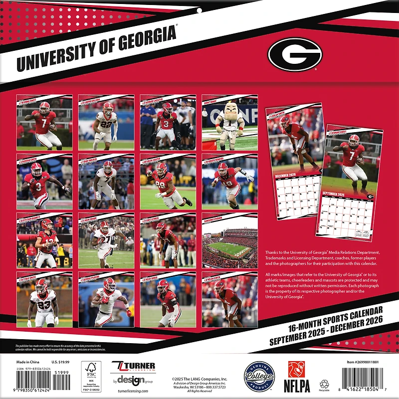 Calendrier mural 2026 des Bulldogs de Géorgie (12 po x 12 po)