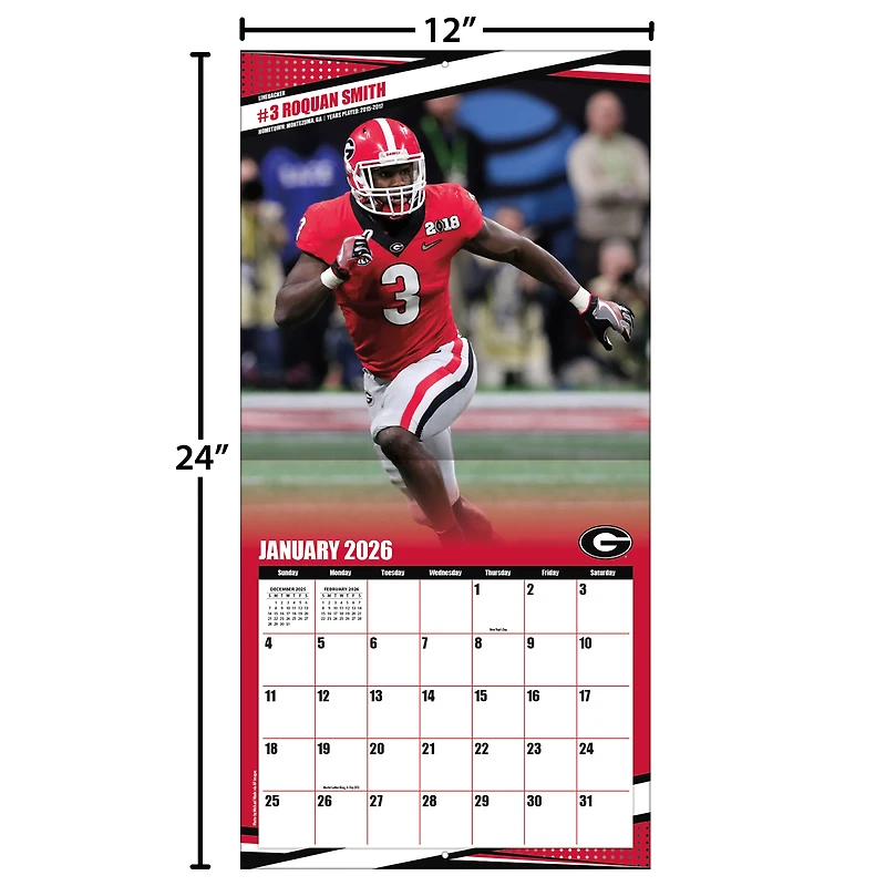 Calendrier mural 2026 des Bulldogs de Géorgie (12 po x 12 po)