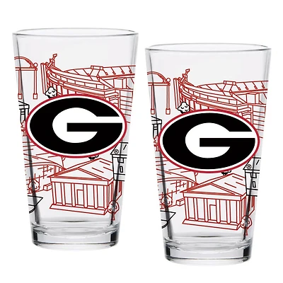 Pack de deux Bulldogs de Géorgie 16oz. Ensemble de verres à pinte Campus Line Art