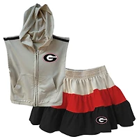 Girls Toddler Wes & Willy Tan Georgia Bulldogs Tri-Blend Sleeveless Full-Zip Hoodie Tiered Skirt Set