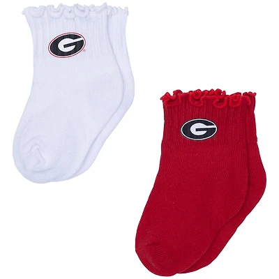 Lot de deux paires de chaussettes blanches/rouges Georgia Bulldogs pour bébé ZooZatz, motif tri-mélange à ourlet ondulé