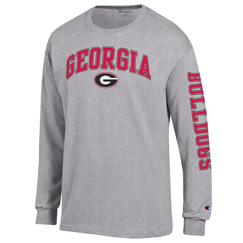 T-shirt à manches longues pour homme Champion Heather Gray Georgia Bulldogs avec logo Arch Over 2-Hit