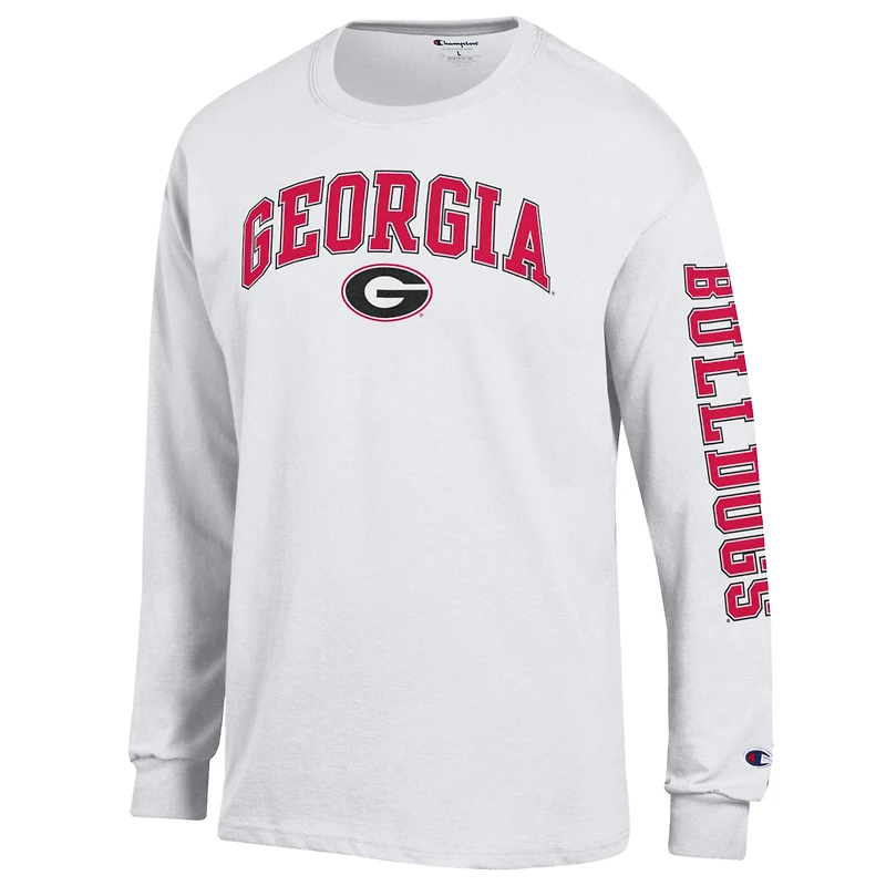 T-shirt à manches longues blanc Champion Georgia Bulldogs pour homme avec logo Arch Over 2-Hit