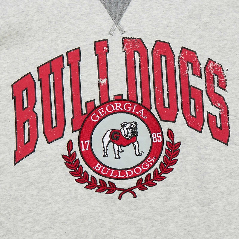Men's Mitchell & Ness Heather Gray Georgia Bulldogs Arched Fleece Crewneck Pullover Sweatshirt