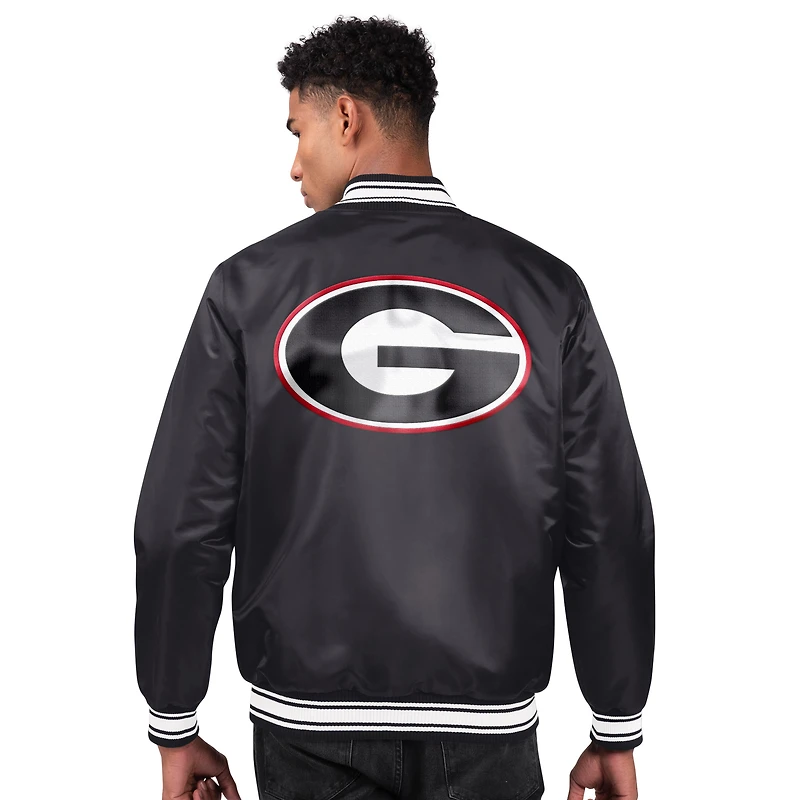 Veste universitaire Starter noire Georgia Bulldogs pour homme, en satin à deux touches, fermeture boutons-pression.