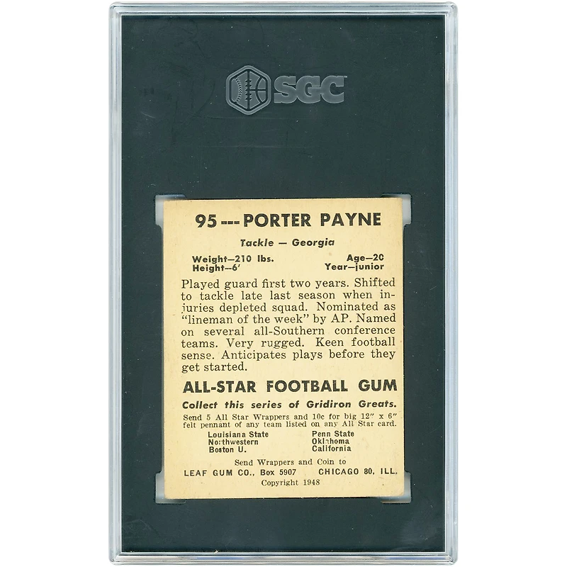 Porter Payne Georgia Bulldogs 1948 Leaf Gum Co. #95 SGC Authenticated 4.5 Card