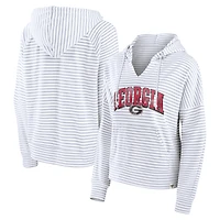 Women's Fanatics White/Gray Georgia Bulldogs Arch Logo Striped Notch Neck Pullover Hoodie