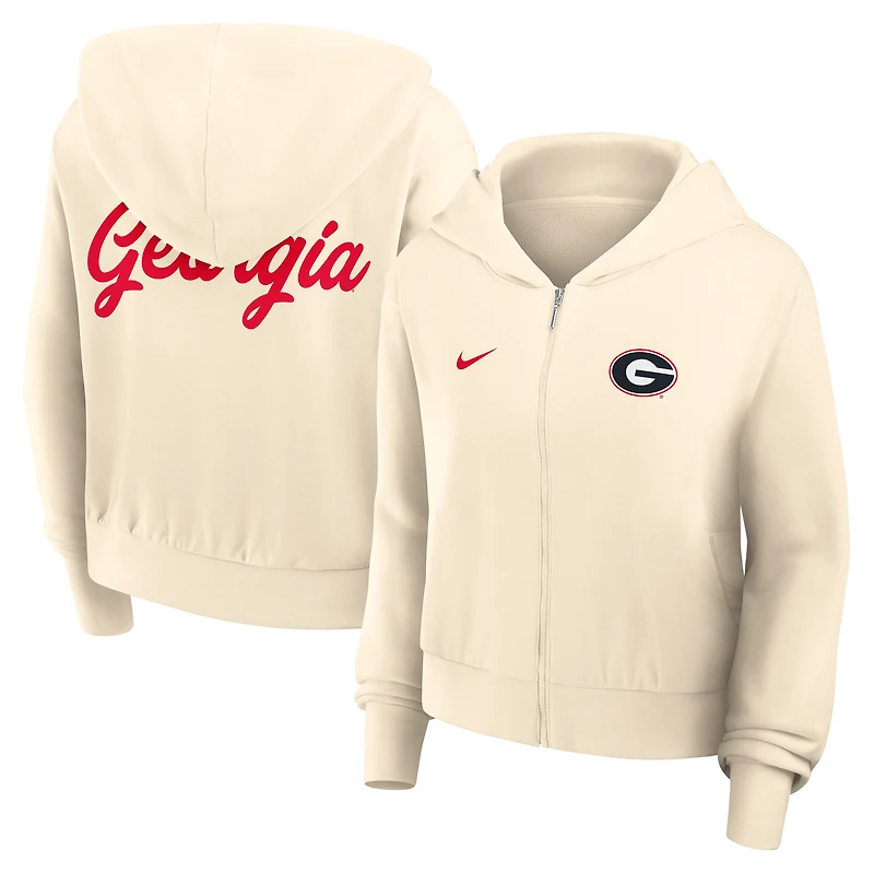 Sweat à capuche court Nike Cream Georgia Bulldogs pour femme, entièrement zippé