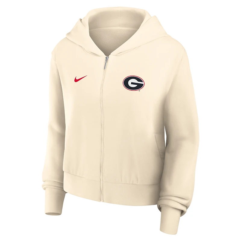 Sweat à capuche court Nike Cream Georgia Bulldogs pour femme, entièrement zippé