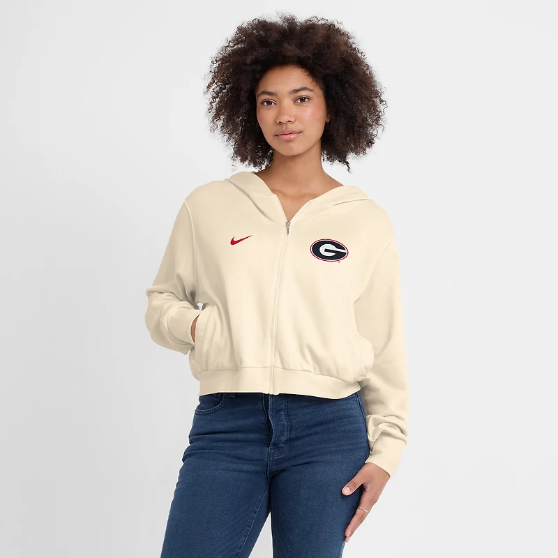 Sweat à capuche court Nike Cream Georgia Bulldogs pour femme, entièrement zippé