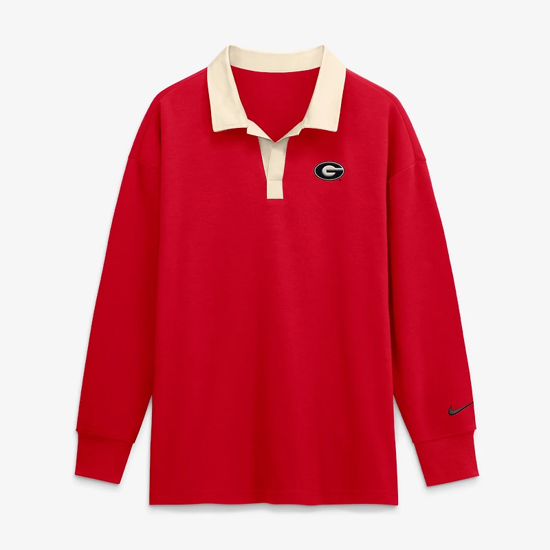 Polo Nike rouge Georgia Bulldogs oversize Essential Dri-FIT à manches longues et col en V pour femme