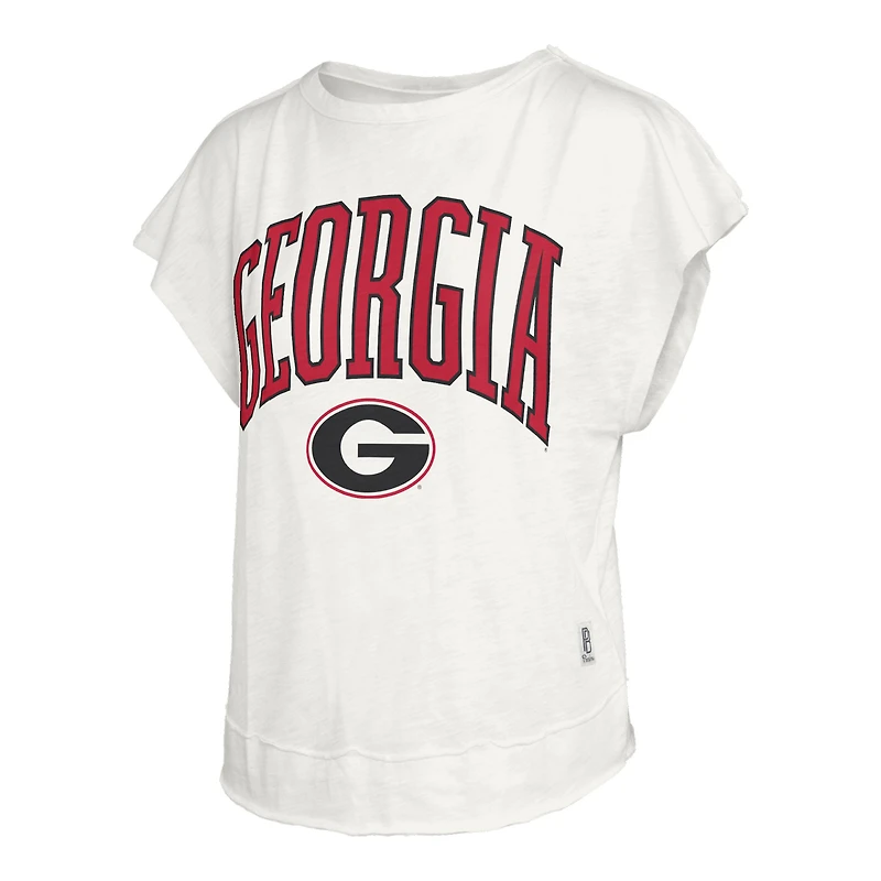 T-shirt Pressbox Cream pour femmes, Georgia Bulldogs, Nelson Movement, dos ouvert, en jersey flammé.